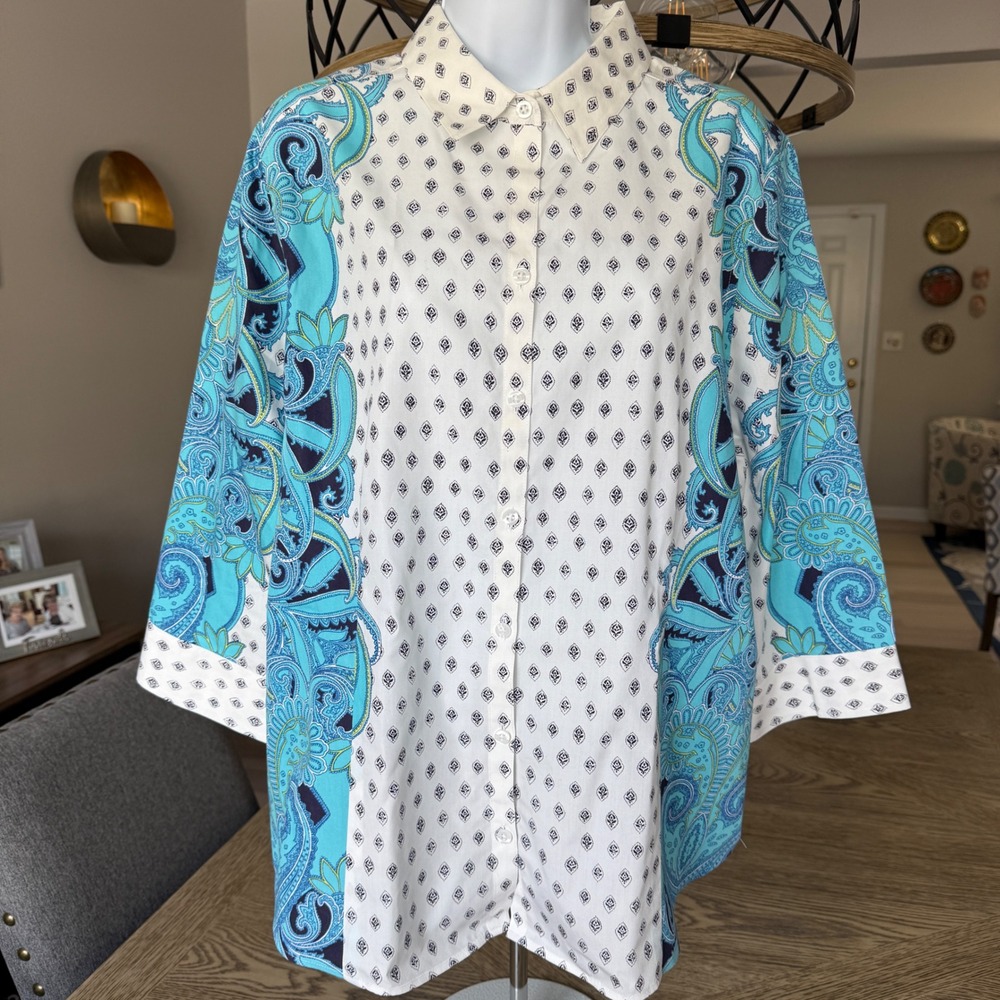 Chicos No Iron Button Down Shirt Blue White Paisley Diamond Print 3/4 Slv 3 XL